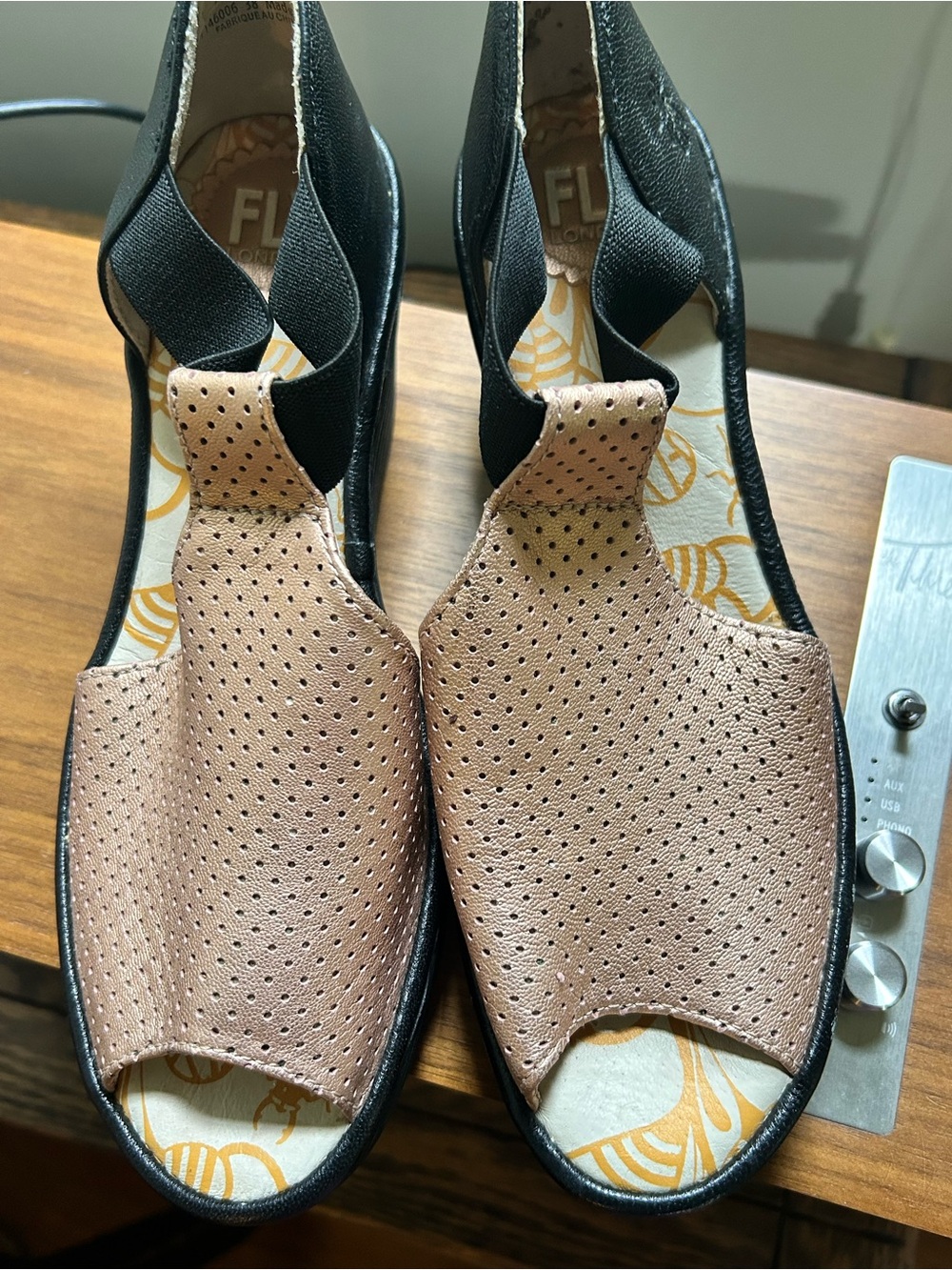 Fly London Perforated Blush and Black Slingback Sandals